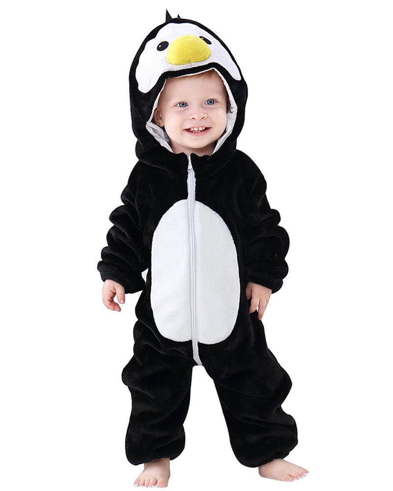 MICHLEY Unisex Baby Hooded Romper Winter Flannel Jumpsuit 30-36months, Cartoon Cosplay Costume, Penguin - Image 1